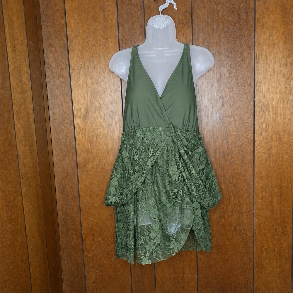 Bloomchic Swim Dress Women's 14-16 Green Floral Lace Wrap Skirt 1pc Asymmetrical